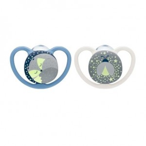 NUK Space Night,  Maat 1 (0-6m), Anatomisch - Silicone, 2-pack