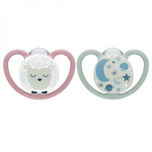 NUK Space Night,  Str. 1 (0-6 md.), Anatomisk - Silikon, 2-pk