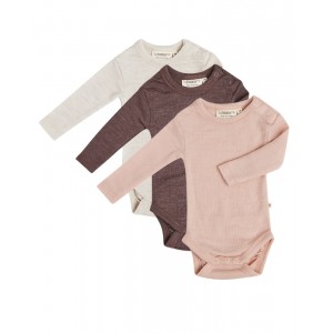 Babybody med lång ärm och rund halsringning i 100% ekologisk merinoull, 3-pack